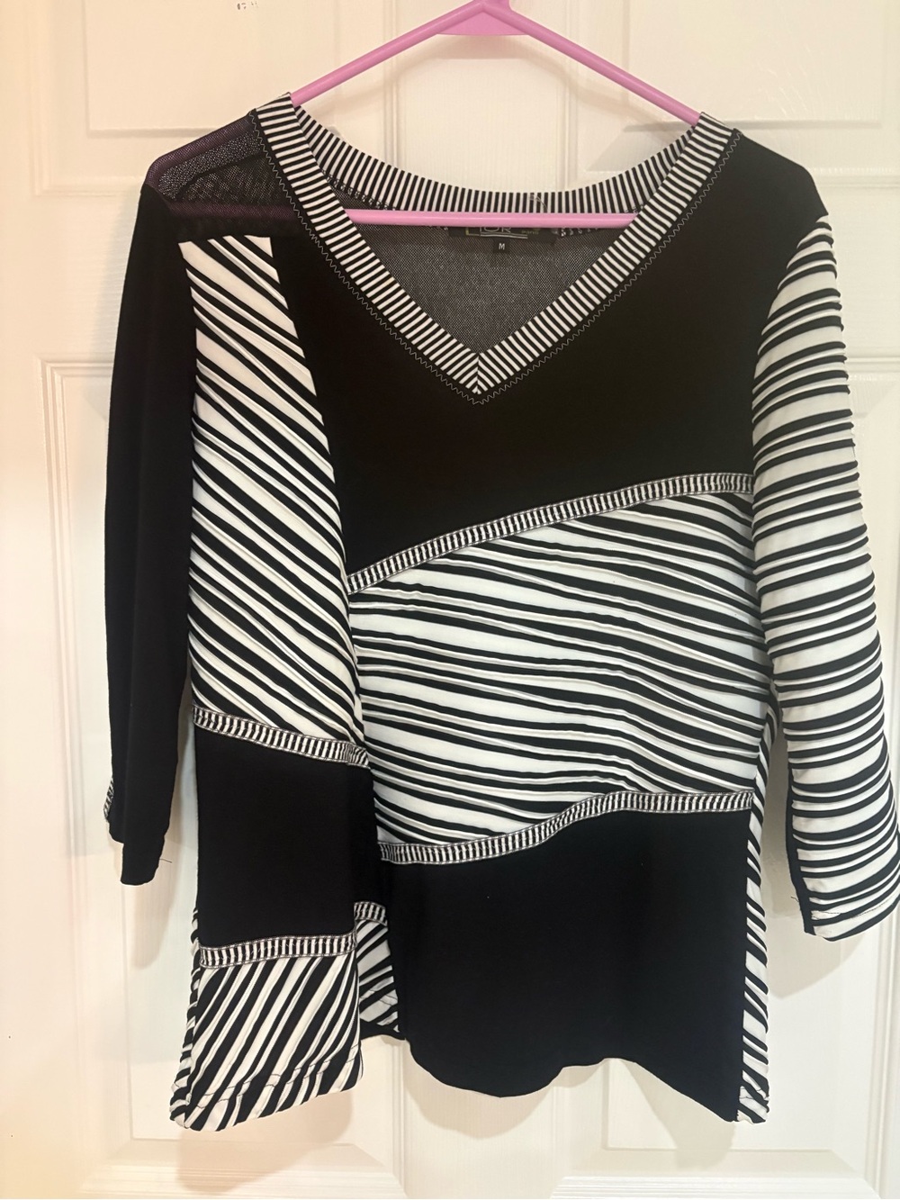 Lior Paris Top M Black White Striped Mesh Crisscross Back 3/4 Sleeve